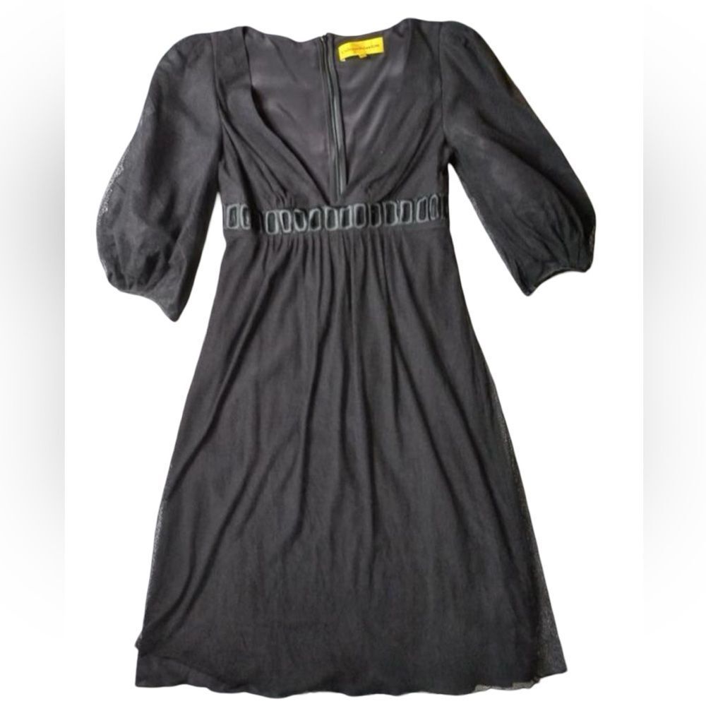 CATHERINE MALANDRINO Black Silk-Lined Mesh V-Neck Empire Cocktail Dress Size 10